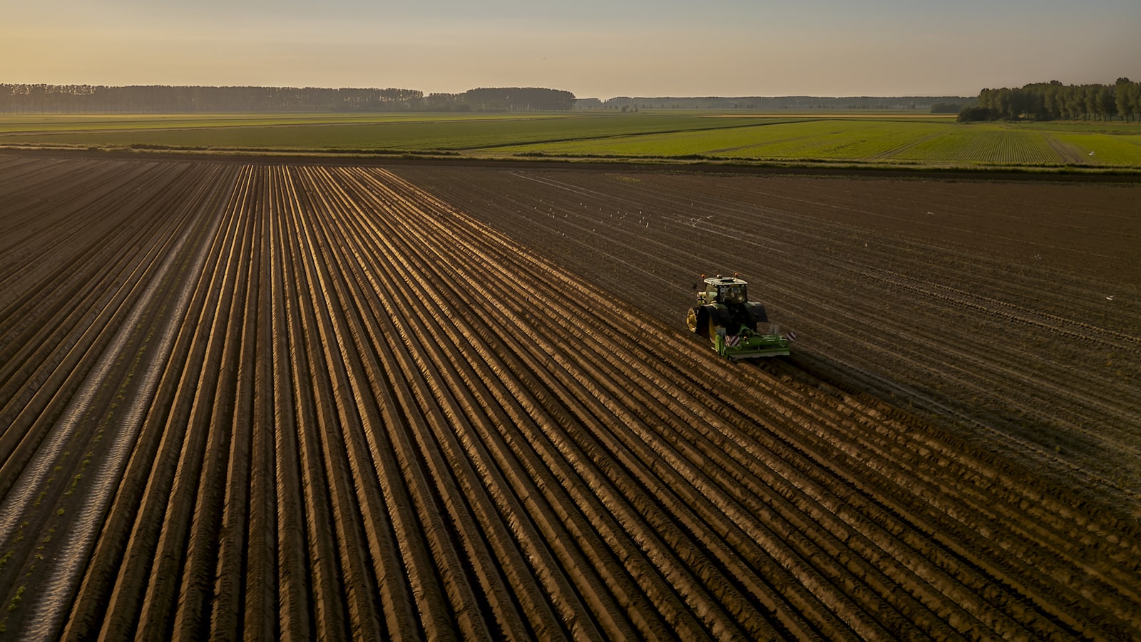 Aerial view of a tractor working a large ploughed field at sunset, far from any settlement
