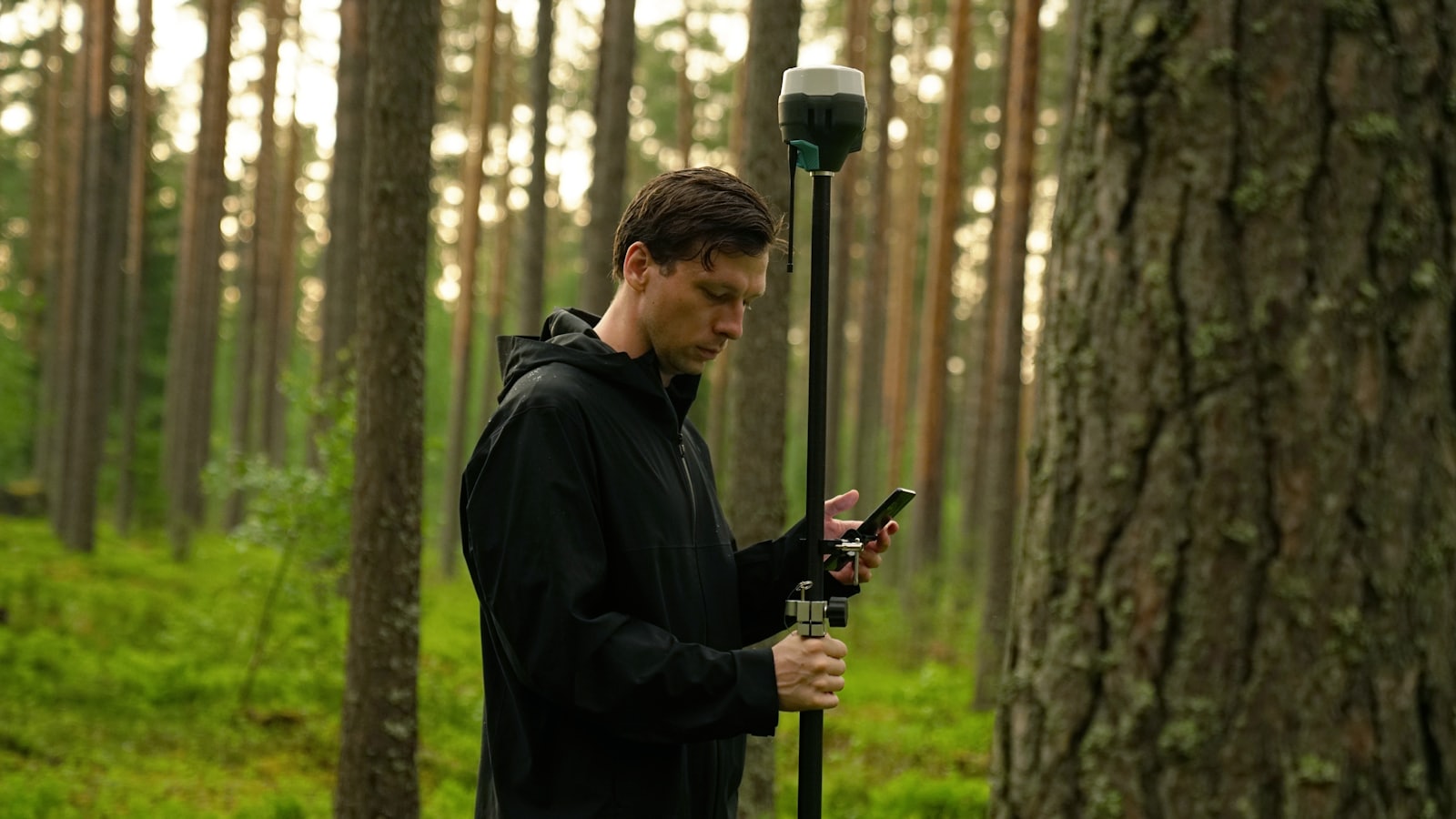A field worker in a forest holding a GNSS antenna pole and reading data on a phone