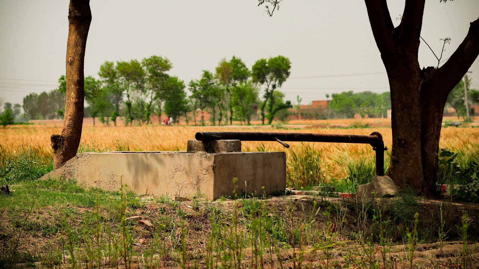 A hand water pump on a concrete plinth beside a field